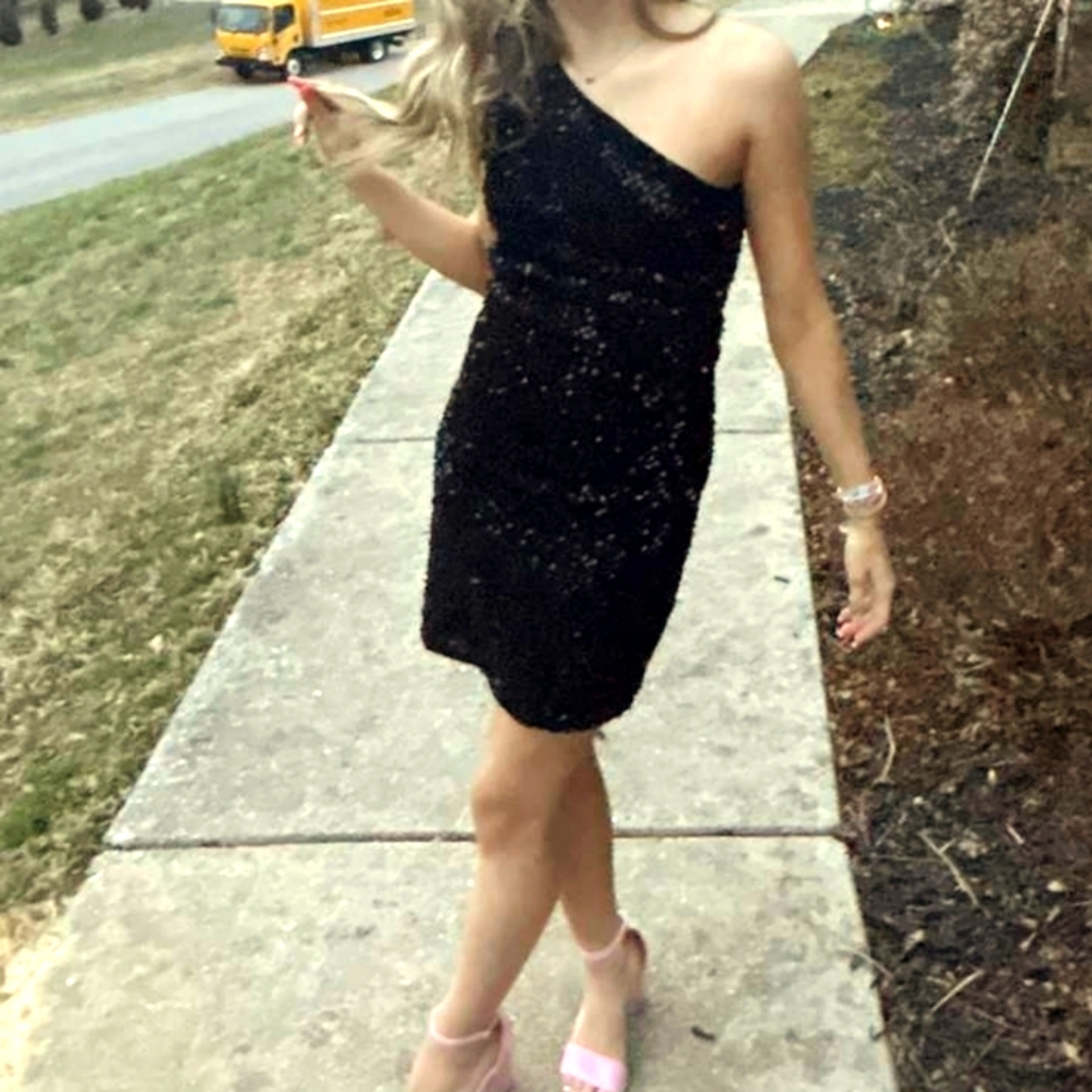 Black sequin one shoulder party dress